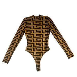 NWOT Long Sleeve Black and Tan Mesh Bodysuit with Geometric Design - Small